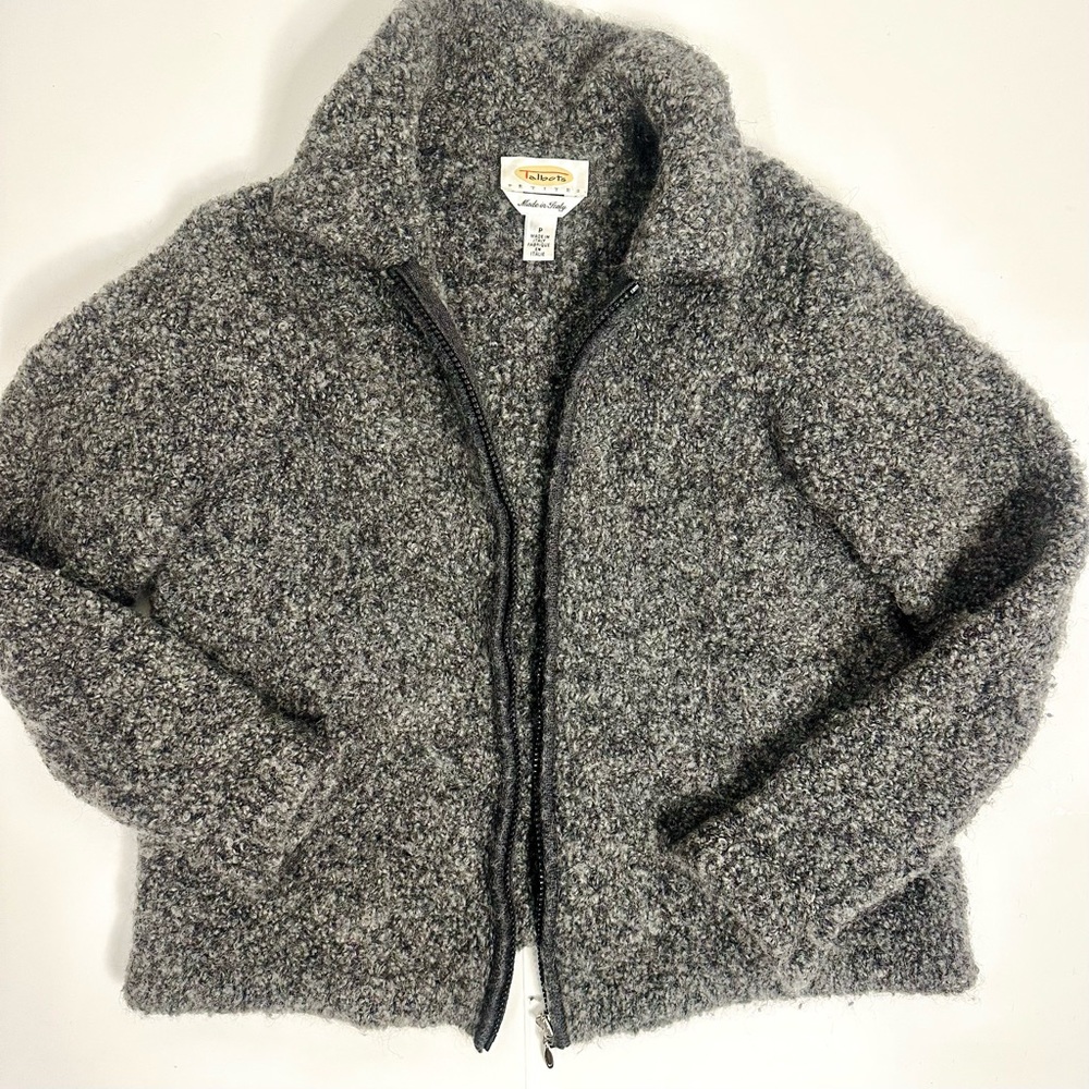 Vintage Talbots Italian Wool Crop Full Zip Textured Sherpa Knit Boucle Sweater